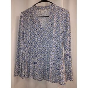 White House Black Market White Blue Black Printed Long Sleeve V-Neck Top Size XS